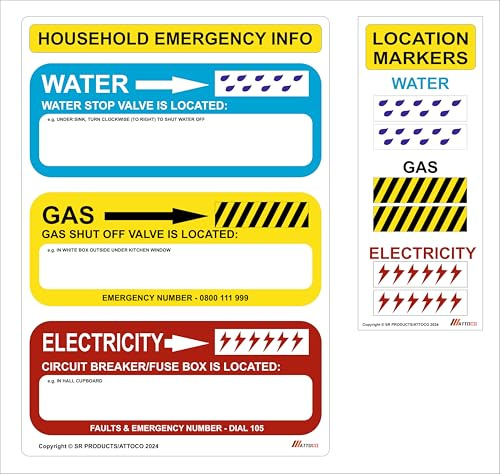 Household Emergency Shut-Off Safety Sign – Gas, Water & Electricity Cut Off Locations with Phone Numbers – A4 Rigid Board with Location Stickers