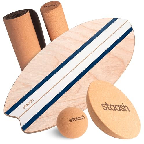 STAASH® Balance Board Holz – Pro Gleichgewichtstrainer inkl. Schutzmatte, Rolle, Halbkugel, Korkball & VIDEOKURS – Indoor-Surfen & Skaten – Balance Board Kinder & Erwachsene (Blau full kit)