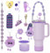 13PCS Accessories Set for Stanley Cup, Including Silicone Straw Cover Handle Strap Silicone Boot Spill Stopper Leak Stopper Flower Charms for 40/30oz Stanley Tumbler (Purple)