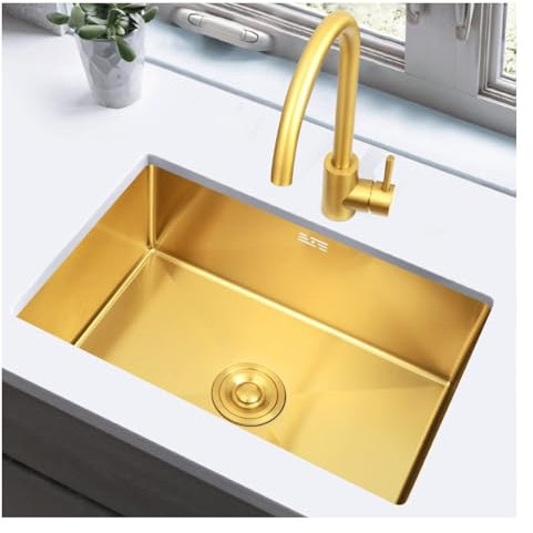 Fregadero De Cocina De Acero Inoxidable Dorado Cepillado De Un Solo Tazón, Fregadero De Barra Pequeño, Fregadero De Cocina Cuadrado Bajo Encimera O Bajo Encimera Con Grifo Y Desagüe(B,60x40x21cm)
