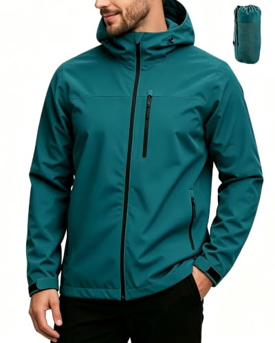 PYALT Jacke Herren Wasserdichte Atmungsaktiv Softshelljacke Leichte Regenjacke Packbare Windbreaker Fahrrad Regenmantel mit Kapuze Navy Blue XL