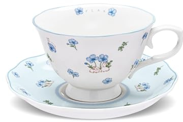 fanquare Blue Balloon Flower Ceramic Coffee Cup and Saucer Set Elegant Porcelain Tea Cup with Fresh Floral Design, Dishwasher Safe for Afternoon Party Home Café Gift 250ml