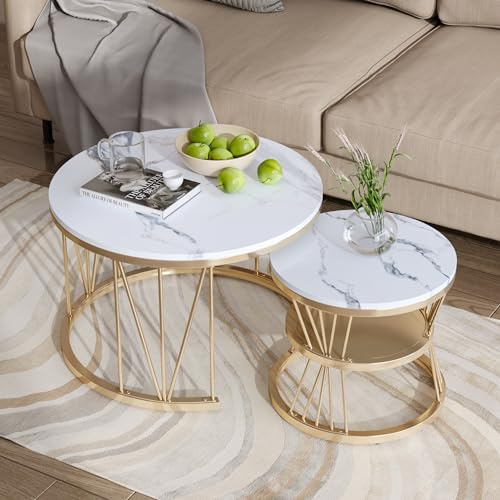 BFYDOAA Lot de 2 Tables Basses Gigognes,Imitation Marbre Table Basse Ronde avec Structure en métal, Table d'appoint Salon Moderne - 70x70x45cm, 45x45x40cm