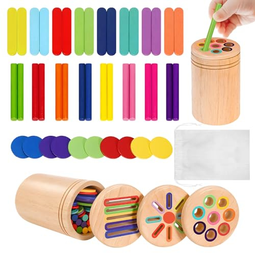 Montessori Spielzeug ab 1 Jahr, 3-in-1 Holzspielzeug für Kinder ab 1-3 Jahren, Sensory Spielzeug für Babys, Motorikspielzeug, Fördert Farben Sortieren und Feinmotorik, Geschenk für Jungen und Mädchen