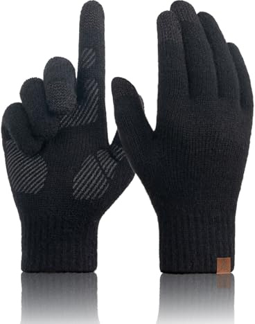 Guantes Termicos Hombre de Lana Merino, Guantes Invierno de Punto Movil Tactiles para Hombre Mujer, Lana Material Cálido Suave Adecuado para Smartphone Running Ciclismo Conducir Senderismo - Negro M