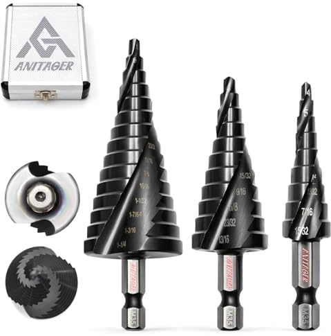 ANITAGER Unibit Step Drill Bit Set (3-Piece) M35 Cobalt HSS TiAlN - Up to 1-1/4 (32mm Max) – Spiral Groove for Stainless Steel, Sheet Metal & Plastic, 1/4 Hex Shank, Aluminum Case