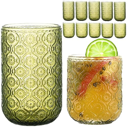KRYSTHIA Grüne Trinkgläser Set 12 Stück, 350ml Highball & 300ml Cocktailgläser, Vintage Blumenprägte Glasbecher für Wasser, Bier, Saft, Whiskey, Kaffee