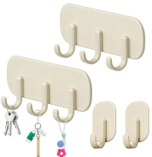 Aohyue 4-Pack Key Holder, 2 Cream Holders with 3 Hooks, 2 Cream Holders with Single Hook, No Drilling Key Rack for Fridge, Kitchen, Laundry Room