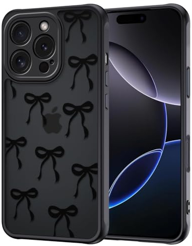 TVVTPU Handy Hülle für iPhone 16 Pro mit Vollständiger Kameraschutz, Aesthetic Motiv Schleifen Muster Handyhülle Anti-Fingerabdruck Matt Transluzente Rückseite Stoßfest Kratzfest Case, Schwarz