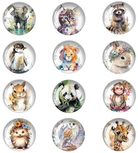 DIGNFENG 12er Set Kühlschrankmagnete Tiere Wassermalfarben | Wassermalfarben Design Glas Magnete 3cm Kleine Runde Lustige Magnete für Kühlschrank, Whiteboard, Pinnwand,Magnettafel-