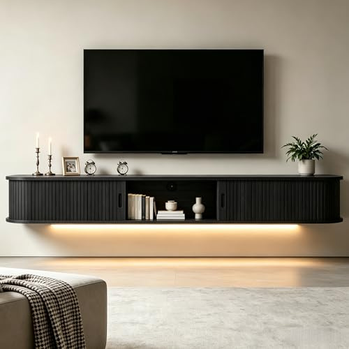 Gdchanyiyi Floating TV Cabinet, 160cm TV Stand with LED Lights and Sliding Doors, Fluted TV Shelves Media Wall Unit for TVs up to 75 Inch, Long TV Unit for Living Room (Black)