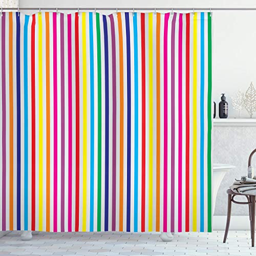 ABAKUHAUS Bunt Duschvorhang, Vertikale Streifen drucken, Stoffliches Gewebe Badezimmerdekorationsset mit Haken, 175 x 200 cm, Magenta Mehrfarbig