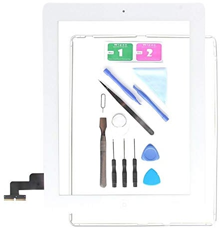 E Soul DigitiErsatzbildschirm für i Pad 2 A1395 A1396 A1397, i Pad 2 Touchscreen Digitizer Frontglaseinheit Weiß - Inklusive Home-Taste + Kamerahalterung, vorinstallierter Klebstoff + Werkzeugsatz
