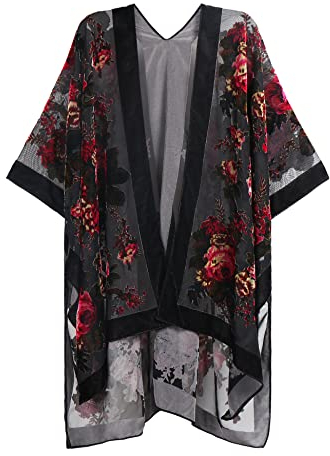 MJ SERECA Women's Burnout Velvet Kimono Long Cardigan Cover Up with Tassel Waterclear