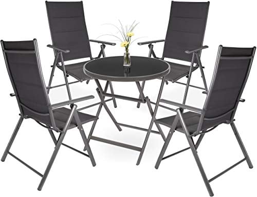 BRUBAKER Garten Sitzgruppe Riva - 1 Glastisch Klapptisch rund 70 cm Ø mit 4 Hochlehner Stühlen - Wetterfest - Silbergrau