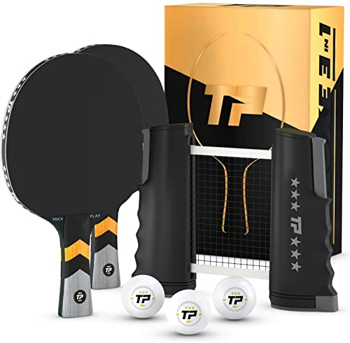 TRICKPLAY Professionelles Tischtennisnetz für jeden Tisch | Überall tragbar Tischtennis-Set mit einziehbarem Netz, 2 und 4 Paddel-Set, 3-Sterne-Bälle, passender Aufbewahrungskoffer (2 Spieler-Set)