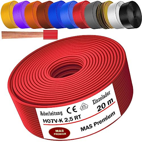 MAS Premium Cable eléctrico H07 V-K 2,5 mm², rojo, cable individual, flexible, de 5 a 100 m (20 m)