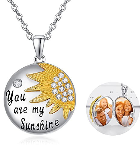 TANGPOET Medaillon Kette 925 Sterling Silber Sonnenblumen Foto Kette Sonnenblumen Anhänger Halskette You Are My Sunshine die 2 Bilder Runde Amulett zum öffnen für Damen und Mädchen
