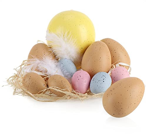 com-four® 11-teiliges Ostereier-Set - Deko-Ostereier in 3 Größen zum Anhängen - bunte Hängedeko für Ostern - Dekoration für Strauch und Osterkorb mit Federn und Stroh (11 Stück - Gelb/Rosa/Blau/Beige)