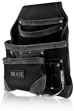 Brase Tool Bag, Leather 10 Pouch with Multi Pockets, Work Bag, Storage Organizer Hammer Loop Professional Work Pouch for Builder, Electricians. (Black)