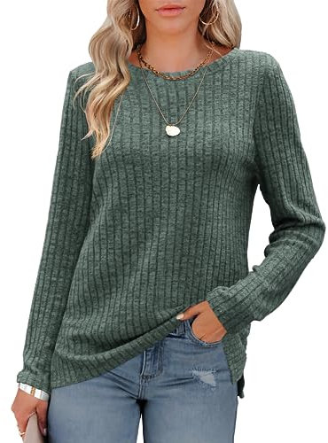 Odosalii Plus Size Tops for Women Spring Casual Long Sleeve Shirts Plain Side Split Round Neck Sweaters Ribbed Knit Fashion Flattering Hide Tummy Blouse Size 22 24 Green
