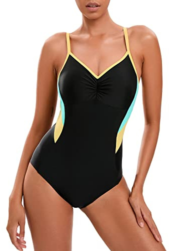 Veranobreeze Damen Sport Badeanzug Racerback Schwarz Sport Bademode | Colour-Blocking, Reißverschluss Vorne, Schnelltrocknend, Breite Schultergurte, Einteilige Schwimmanzug mit Cups,Pool Swimsuit