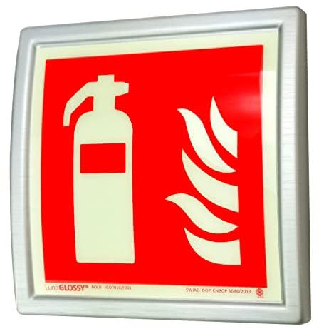 notlok Safety Work señal de protección contra incendios Extintor señal brillante, fotoluminiscente en marco de plástico de aluminio cepillado, espacial, 15X15cm. DIN ISO7010