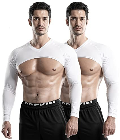 DRSKIN Rutschfeste Armstulpen Kompressionsshirts UV-Sonnenschutz Herren Damen Athletic Sport für Golf Baseball Fußball, Tragearm, Weiß, 2 Stück, 1X-2X