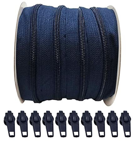 Rotolo da 25 Metri di Cerniera Continua in Nylon + 10 Cursori Automatici in Metallo 5#, Cerniera per Cucire Vestiti, Cerniere, Cerniera al Metro, (blu 330, 25 metri+10 C)