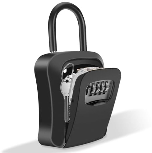 Key Lock Box Wall Mounted, 4 Digit Combination Lockbox for Outside House Keys,Key Safe Security Storage Lock Box 5 Keys Large Capacity with Resettable Code for Indoor Outdoor (Black with Handle)