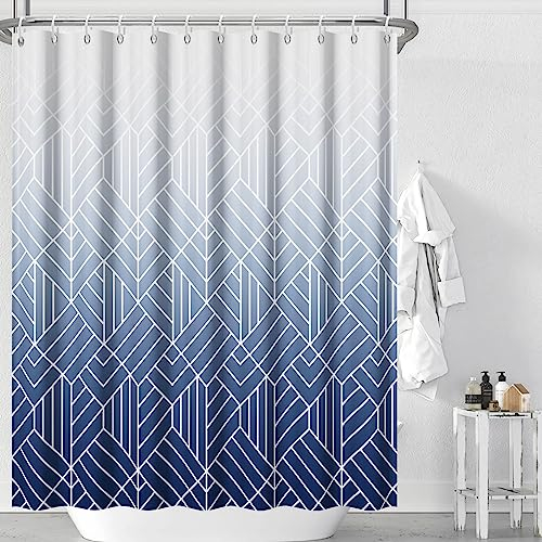 Ttincceer Blau Ombre Duschvorhang Weiß Geometrisches Muster Moderner Duschvorhang mit Haken Wasserdicht Schimmel Beständig Badezimmer Vorhang 180x180cm