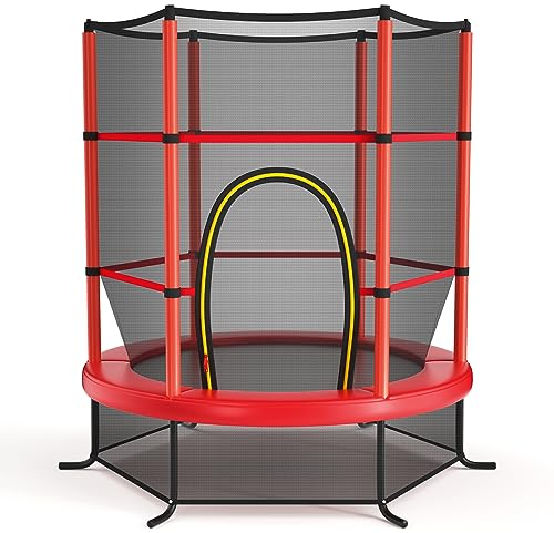 KOMFOTTEU Cama Elástica para Niños de 3-6 Años, Trampolín Infantil con Red de Seguridad, Cama Elástico Jardín Exterior con Cierre de Cremallera, Carga de 135 kg, 165 x 165 x 161 cm (Rojo)