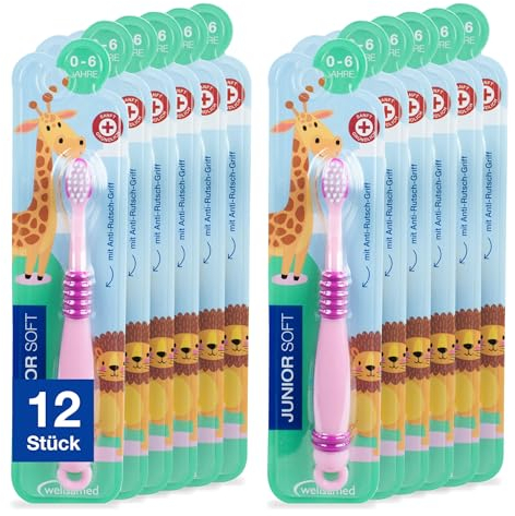 Wellsamed Sparset mit 12 Stück Kids Soft Kinderzahnbürsten Rosa, Zahnbürste für Kinder von 2-6 Jahren
