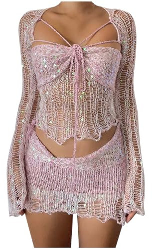 FunAloe Women's Sequins 3 Piece Skirt Set Y2K Knitted Crochet Long Sleeve Halter Crop Sequin Top Cardigan Short Skirt Winter Outfits Going Out Suits