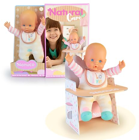 Nenuco Puppe mit Designs in natürlichen Farben, inklusive einem leicht zu montierenden Hochstuhl aus Pappe, eine 25 cm große Babypuppe und weicher Körper (NFN80000)