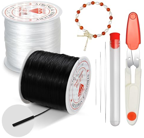 2 Spule Gummiband für Armbänder, Suofuolef 120m x 0,8mm Elastisches Band für Armbänder mit Perlennadel und Schere für Schmuckherstellung, Halskette, DIY Basteln,Schwarz + Weiß