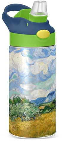 Van Gogh Bouteille d'eau avec paille isotherme en acier inoxydable pour garçons et filles - 350 ml - Étanche - Pour eau chaude et froide