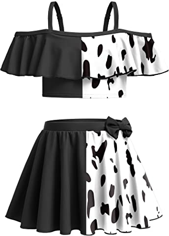 Arshiner Mädchen Badeanzug 3-teilig Blumen-Bikini Badeanzug Bademode Rüschenärmel Strand Bademode Badebekleidung Schwimmen Badeset für Kinder Kuh-Druck 130