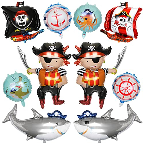 10 Stück Piratenschiff Ballon, XXL Haifisch Helium Ballon, Kinder Piraten Folienballon, Ozean Tiere Hai Helium Luftballons, Skelett Muster Party Dekoration Ballon für Boys Girls Geburtstag Halloween