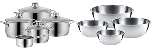WMF Diadem Plus - Batería de Cocina de 5 Piezas de Acero Inoxidable, Base Inducción & Bol Gourmet - Set de 4 Cuencos de Mezcla (16, 18, 22, 24 cm)