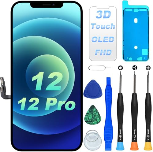 DIGI4U Pantalla para iPhone 12/iPhone 12 Pro, 6,1 Pulgadas 𝟯𝑫 𝑻𝒐𝒖𝒄𝒉 𝑻𝒓𝒖𝒆𝑻𝒐𝒏𝒆 𝑭𝒂𝒄𝒆 𝑰𝑫 Pantalla OLED para iPhone 12/iPhone 12 Pro Digitalizador táctil con Herramientas de reparación