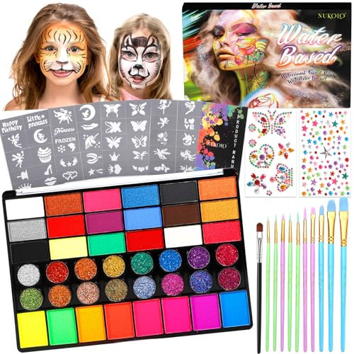 RDDAIPE Pintacaras Infantil, 42 Colores Pintura Cara para Niños Con 11 Pinceles, 40 Plantillas, 2 Diamond Stickers, Hipoalergénico, Maquillaje para Halloween Fiesta Carnaval