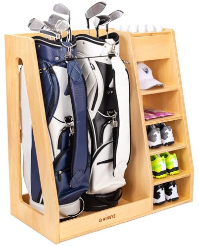 wingyz Wooden Golf Storage Organizer for Garage Fits 2 Bags for Any Level Golfer Great Gift, Golf Bag Rack Club Holder with 12-Ball Display Rack and 5 Shelves for Equipment Accessories