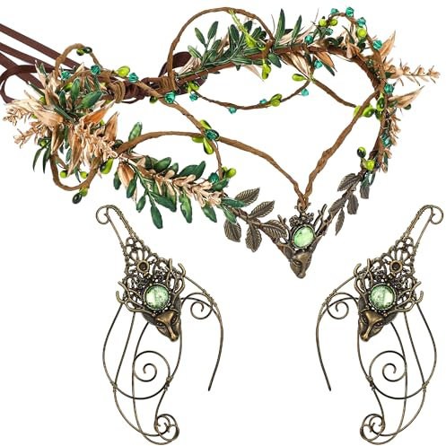 MOSTORY Mittelalterliches Fee Zubehör Set - Renaissance Woodland Krone und Elfenohren Armschutz Set, Blumenkrone und Armschmuck Ohrringe für Frauen, Renfaire Outfit, Halloween Cosplay Fantasy Kostüm