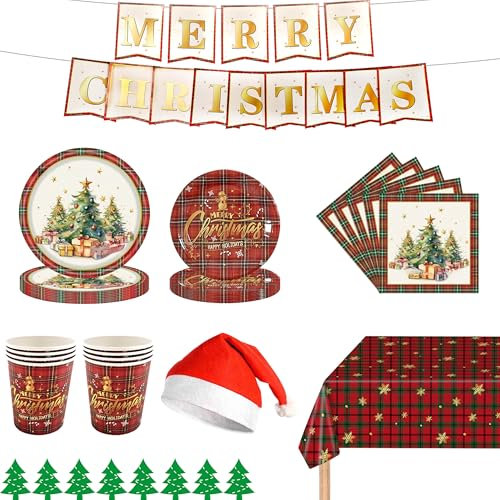 Christmas Party Tableware 32pcs 6 Guests Plaid Xmas Hats Disposable Dinner Set Paper Plates Cups
