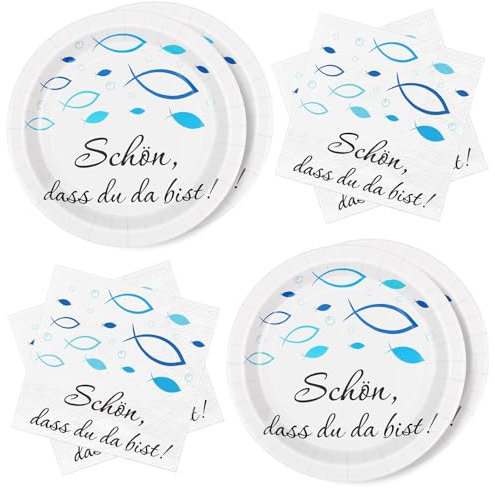 WenmthG 40 Stück Kommunion Deko Servietten und Pappteller Fisch Blau, Tischdeko für Taufe, Kommunion, Konfirmation und mehr. Ideal für Jungen mit Spruch Schön dass du da bist