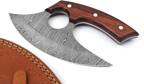 Handmade Damascus Steel Pizza Cutter Axe - Fixed Blade knife for Chopping Boning Slicing Cutting,Solid Rose Wood Handle with Leather Sheath, Wood,Steel