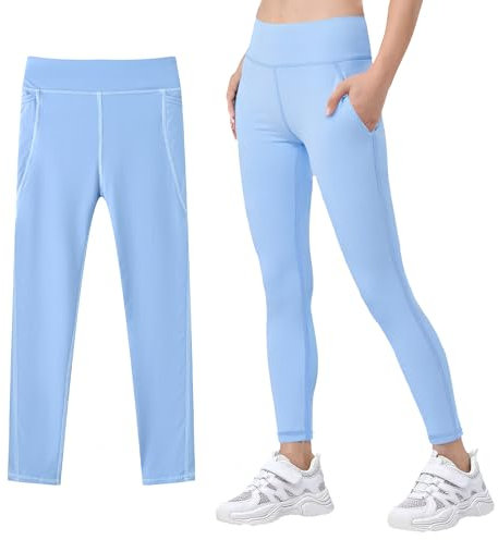 JinBei Mädchen Sportleggings mit 2 Taschen Leggings Hohe Taille Elastisch Sportkleidung Kinder Atmungsaktive Lang Sporthose Gymnastikhose Tanz Jogging Training für 9-10 Jahre, GR. 140-146, Blau