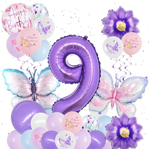 Schmetterling Deko Geburtstag Mädchen 9. Jahre - 31 Stück Geburtstagsdeko Luftballons Schmetterlinge Folienballon Zahlenballon, Lila Geburtstags Party Dekoration Ballons für Kinder