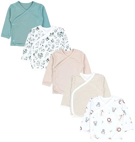 TupTam Baby Jungen Langarm Wickelshirt Baumwolle 5er Set, Farbe: Tiersafari Blätter Salbei Beige Streifen, Größe: 68